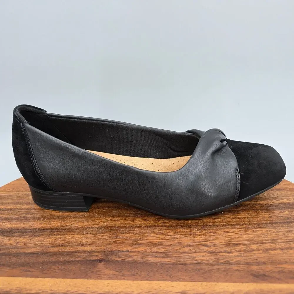 Clarks Flats Womens 7 Wide Black Leather Cap Toe Slip On Career Comfort Shoes